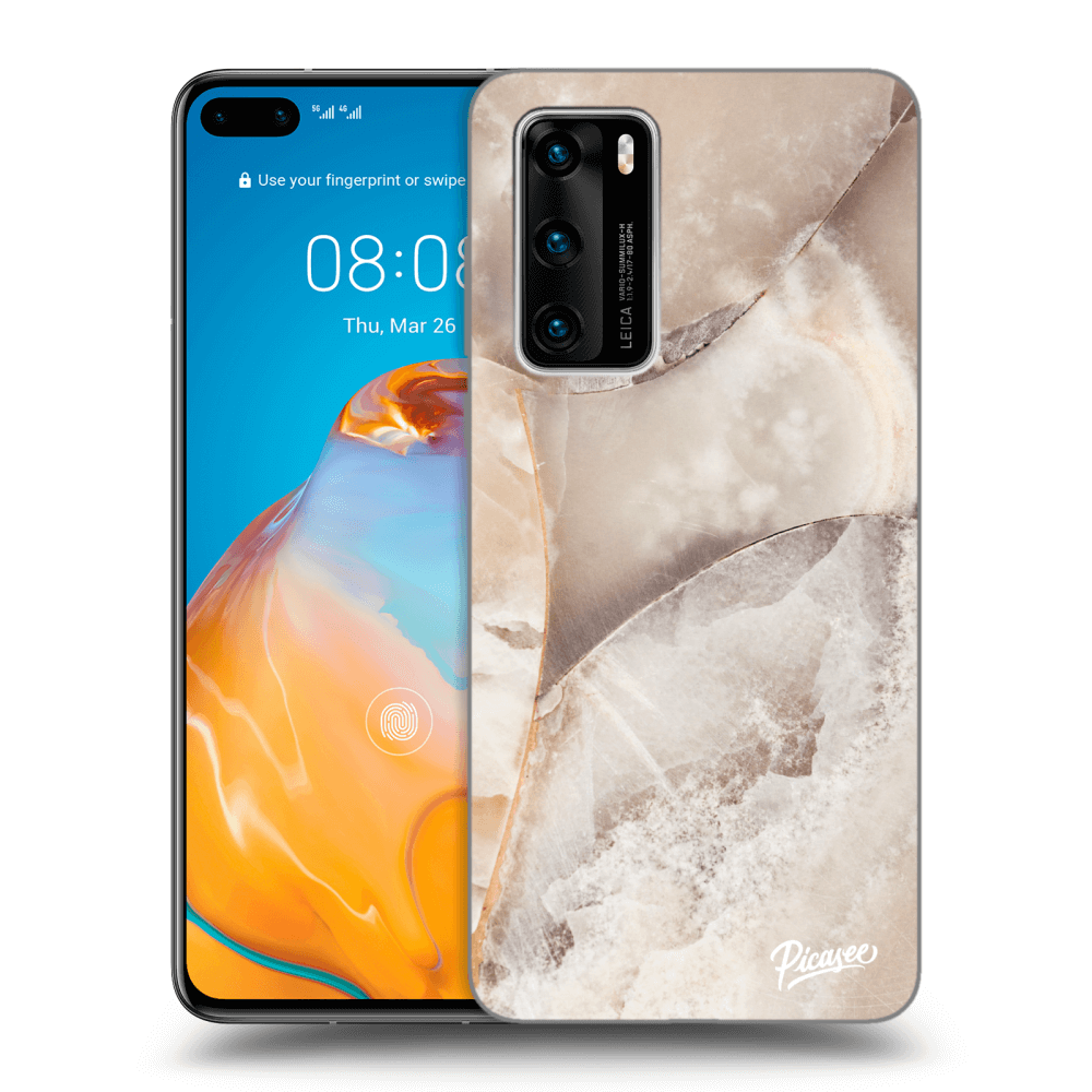 Huawei P40 Hülle - Schwarzes Silikon - Cream Marble