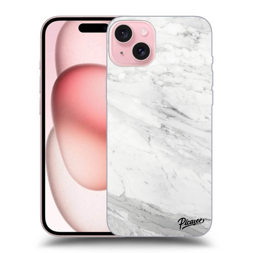 Apple IPhone 15 Hülle - Schwarzes Silikon - White Marble