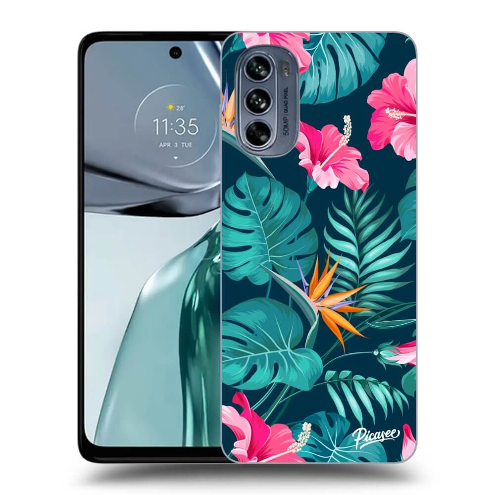 Motorola Moto G62 Hülle - Schwarzes Silikon - Pink Monstera