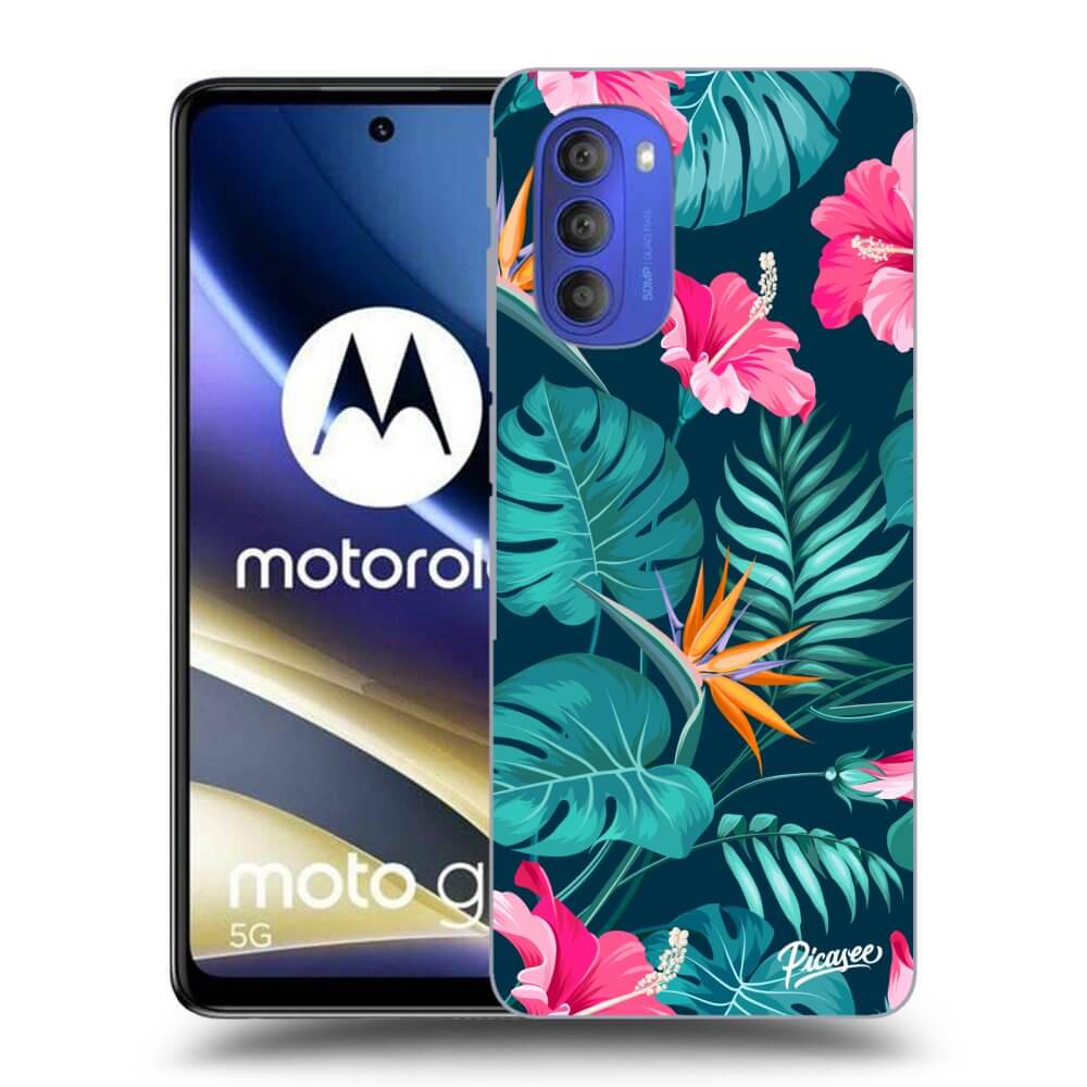 Motorola Moto G51 Hülle - Schwarzes Silikon - Pink Monstera